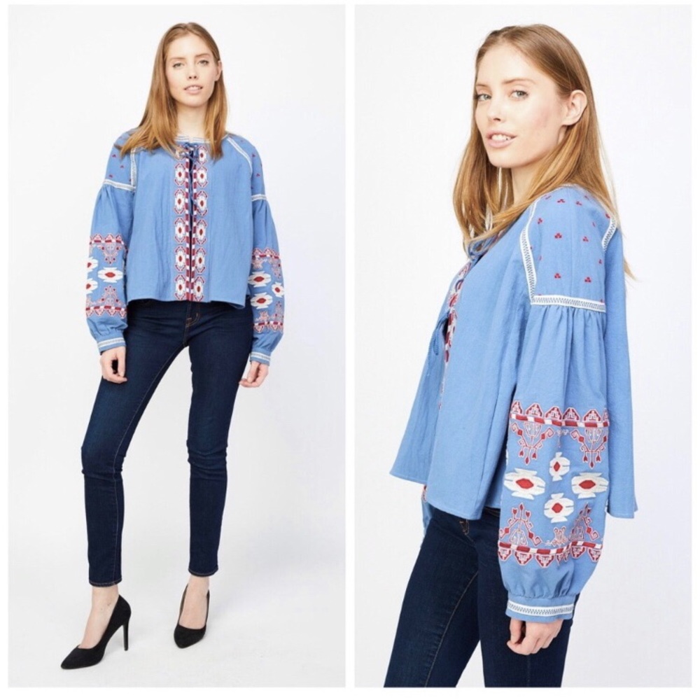 Anthropologie RD & Koko Oversize Blue Embroidered Blouse Jacket, Size L P2P 24”